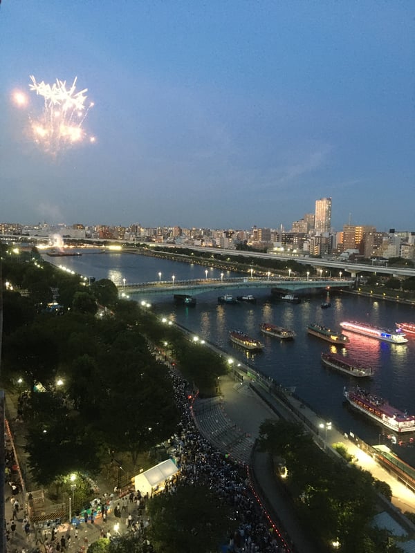 이미지는 2023년 7월 29일 도쿄 스미다가와에서 열린 불꽃놀이 축제를 보여주며, 밤하늘에 다채로운 불꽃이 터지고 많은 인파가 구경하고 있습니다.