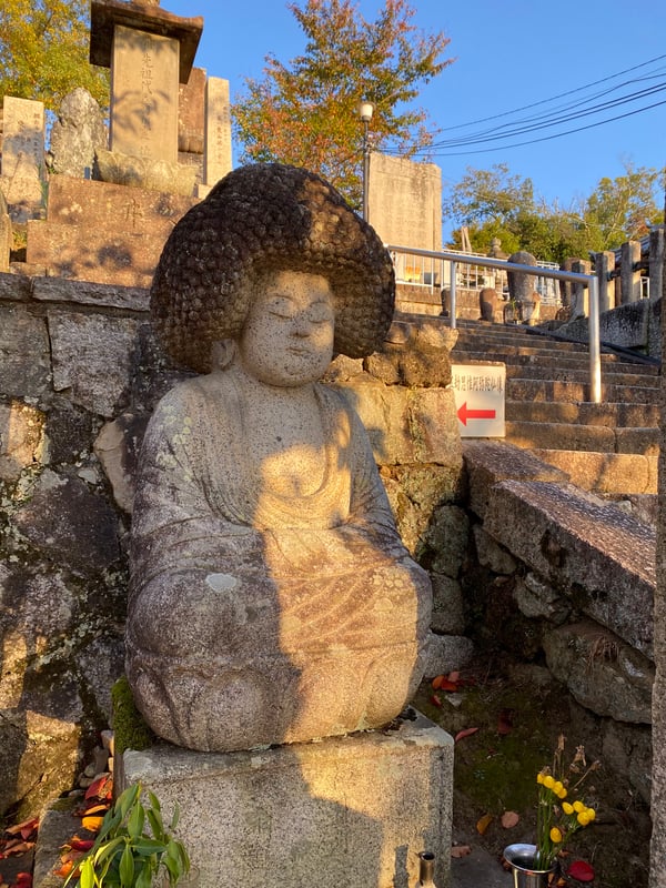 The Gokoushiyui Amitabha Buddha at Konkai Komyoji Temple is a richly detailed statue featuring a compassionate expression, seated in the courtyard.