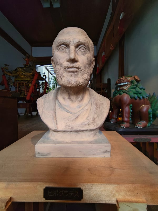 This is an image of a statue or painting of Hippocrates, often regarded as the "Father of Medicine."