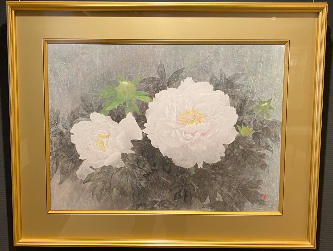 The image contains a description discussing the fragility of peony flowers in the rain and the importance of capturing their fleeting beauty amidst the downpour.